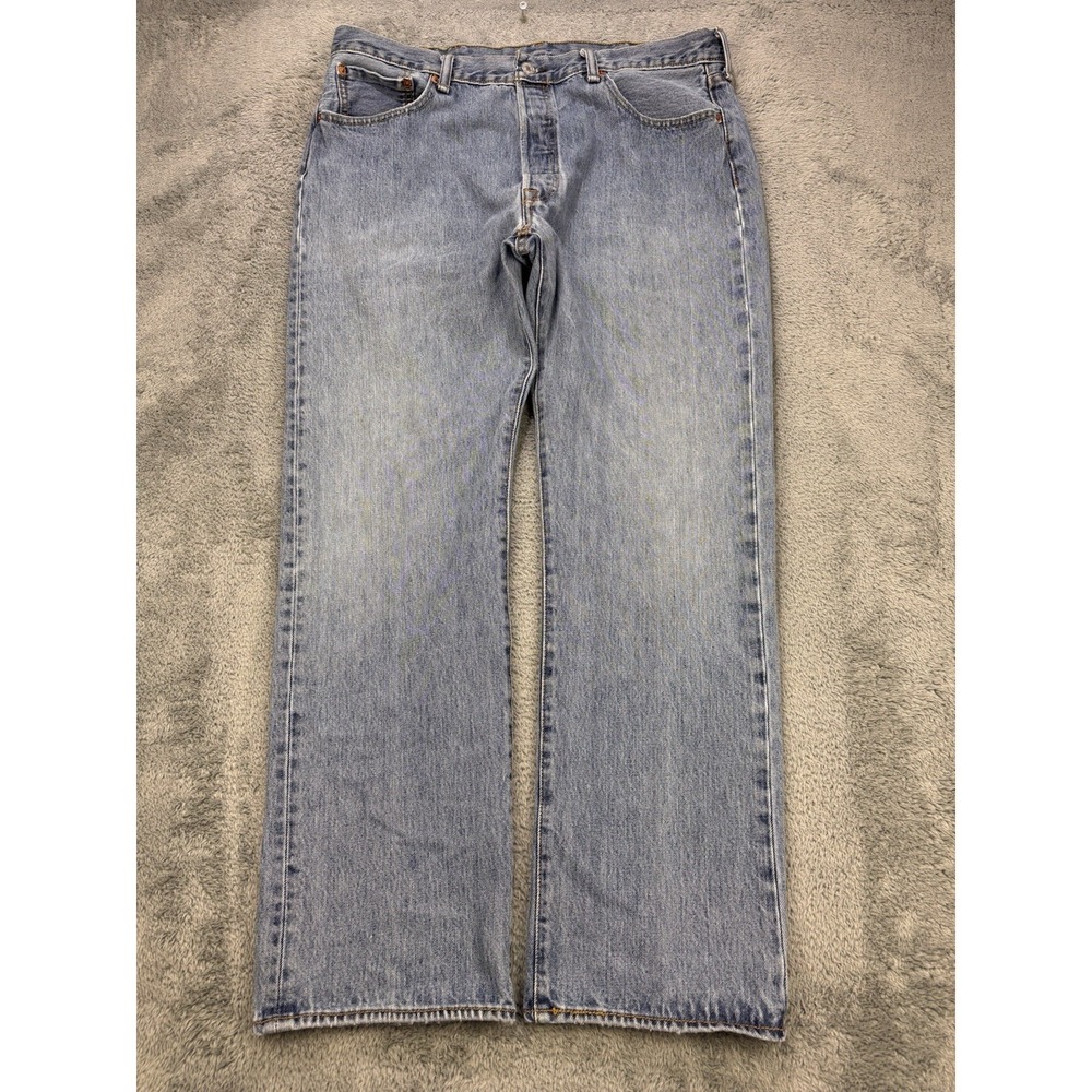 Levis 501 Jeans Mens 38x32 Blue Distressed‎ Denim Straight Leg Button Fly - Picture 3 of 11